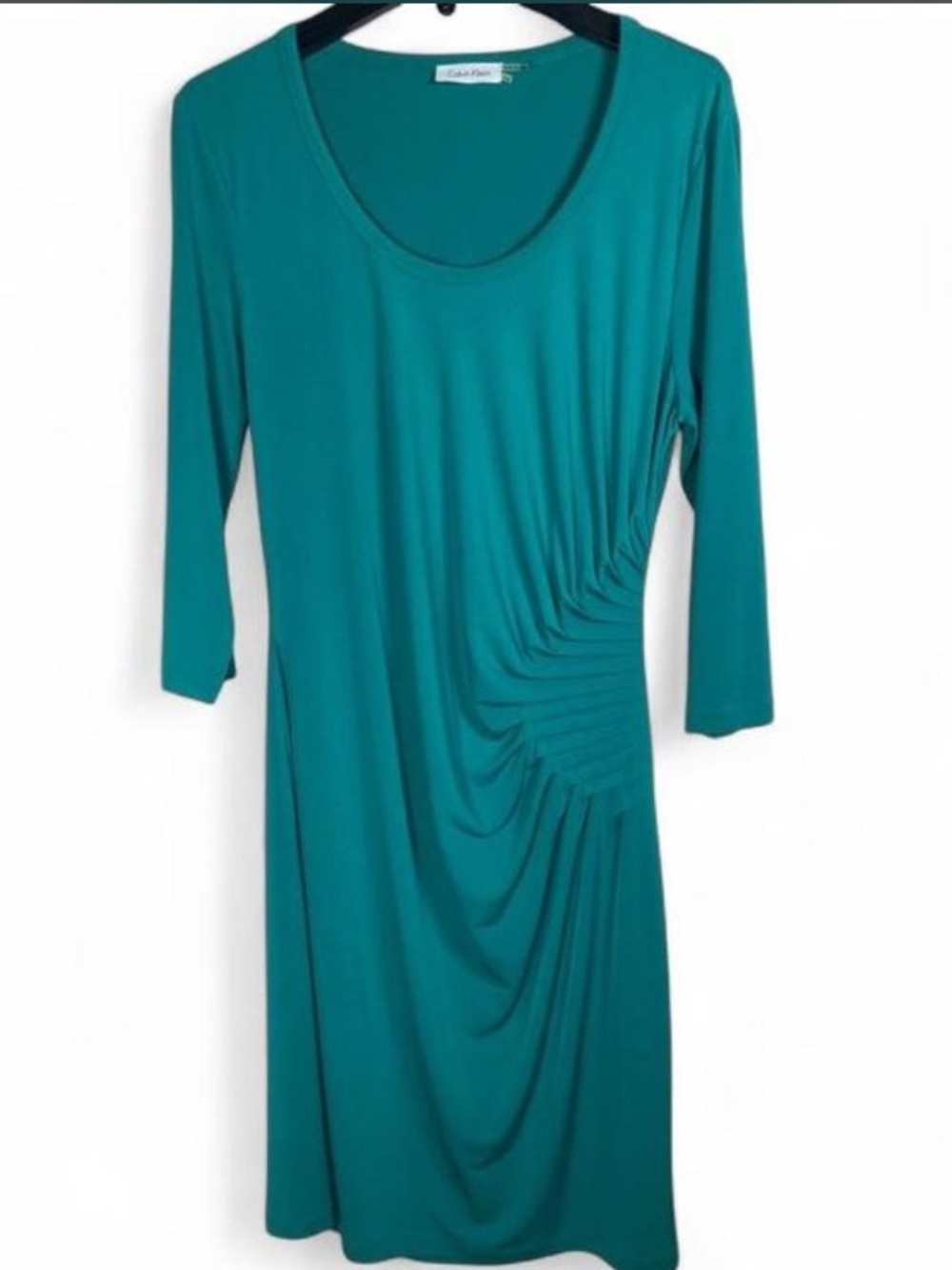Calvin Klein Teal Green Ruched 3/4 Sleeve Midi Sheath Dress Sz 14 Quiet Luxury